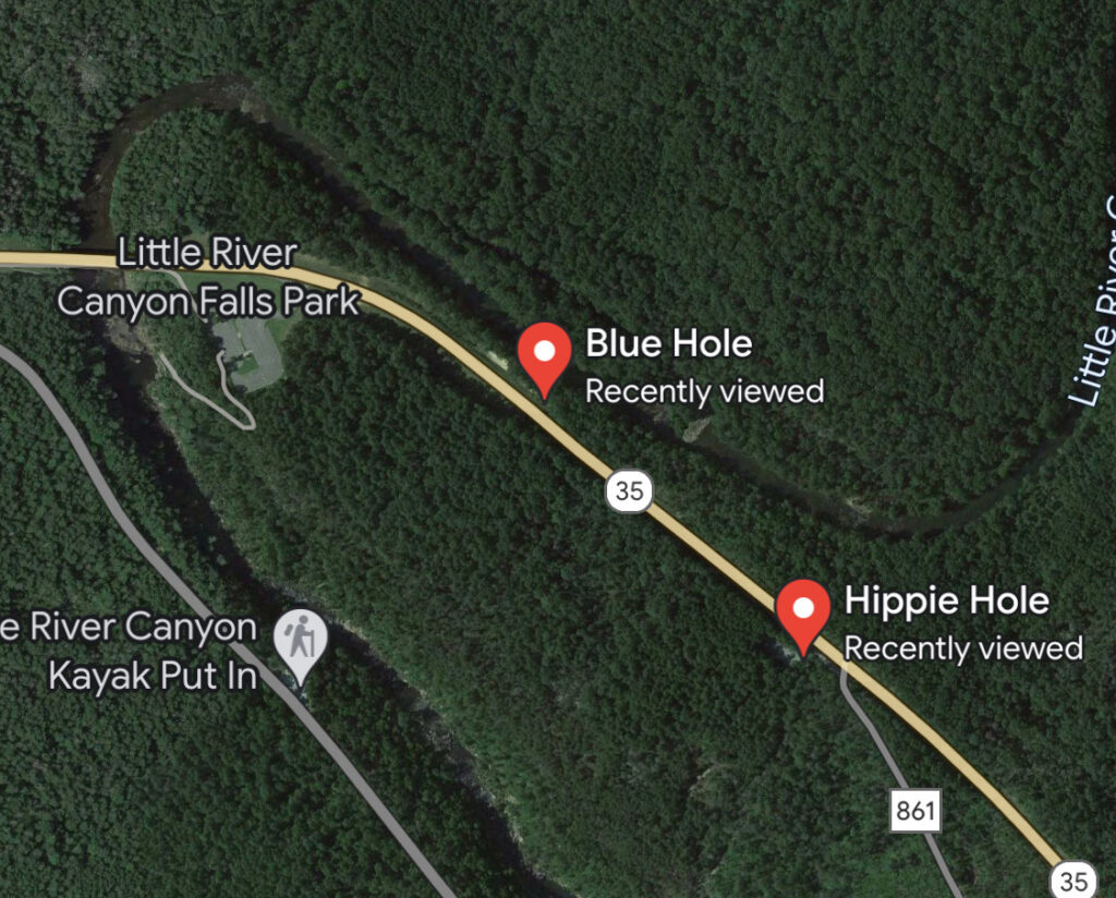 Google Maps Image Showing Little River Canyon Falls Park parking lot in relation to Hippie Hole 