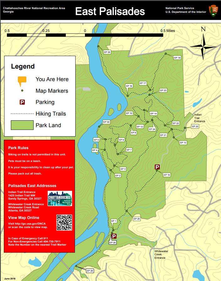map of the East Palisades trail in Sandy Springs, Georgia 