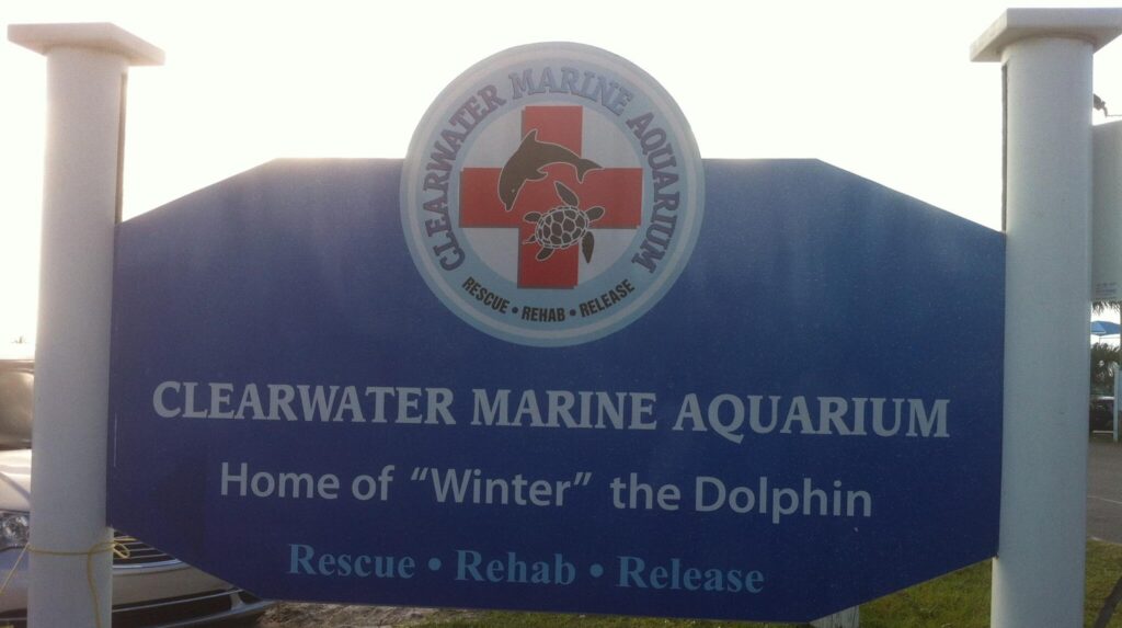 Sign for Clearwater Marine Aquarium which is a sealife rehabilitation center. 