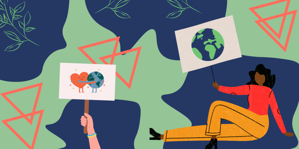 graphic of people holding up signs advocating for sustainable travel
