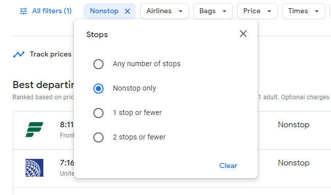 screenshot from Google flights showing only nonstop flights which is a more eco-friendly way of travel 
