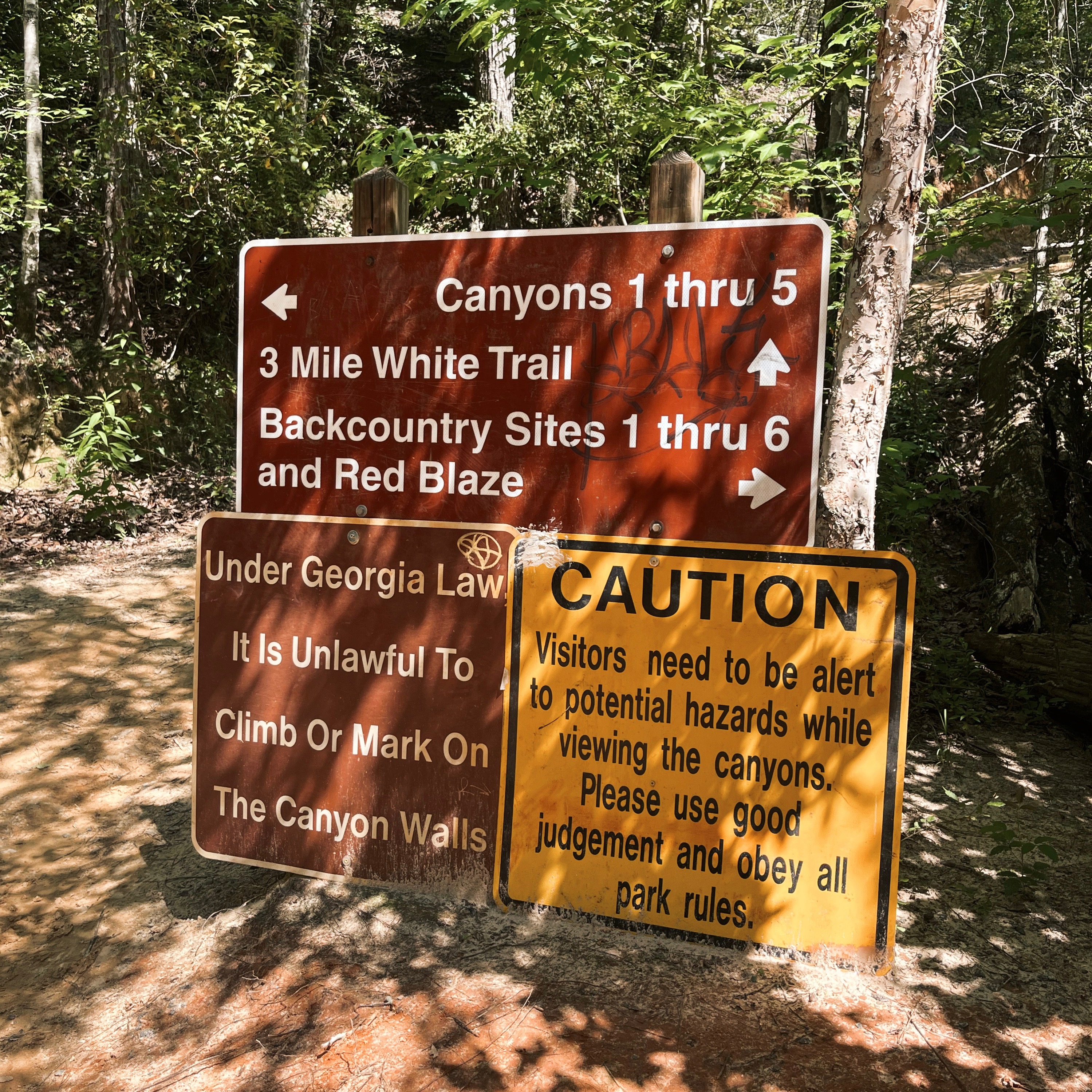sign indicating that Canyons 1-5 are left, the Canyon Loop Trail is straight ahead and The Backcountry Trail is to the right