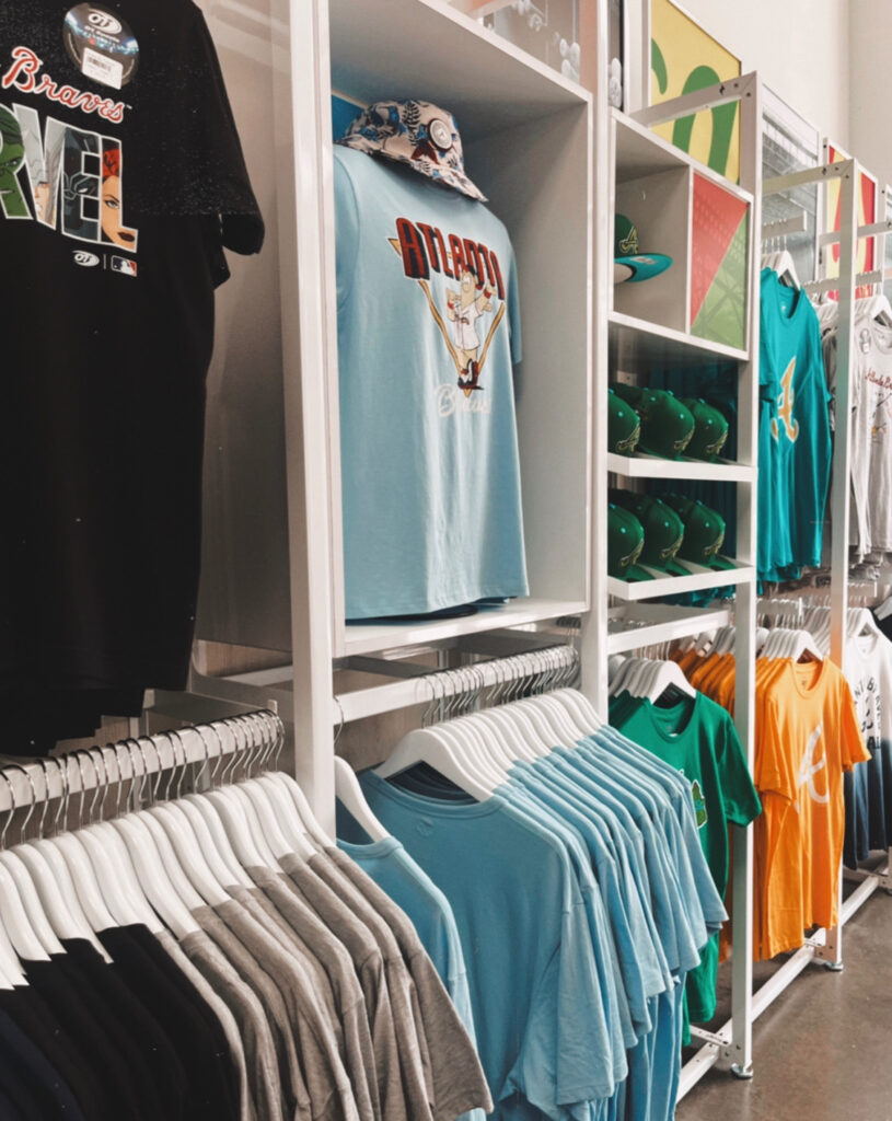 a selection of Atlanta Braves tee shirts found at Threads in The Battery in Atlanta, Georgia
