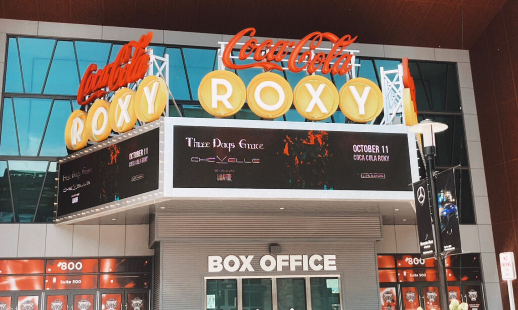 the marquee found outside of the Coca Cola Roxy, currently advertising a Three Days Grace concert coming soon
