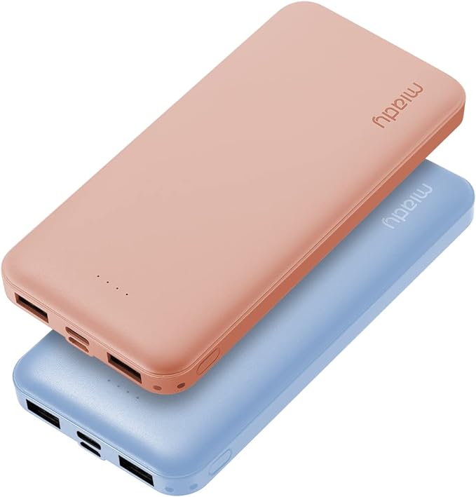 Two Portable Chargers, One Peach Colored and One Light Blue
