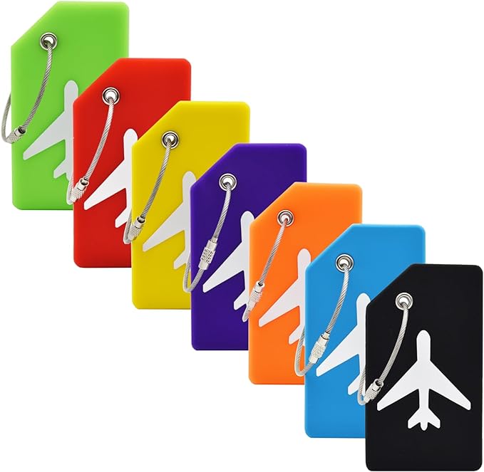 7  Luggage Tags In Different Colors: Green, Red, Yellow, Purple,  Orange, Blue, And Black 