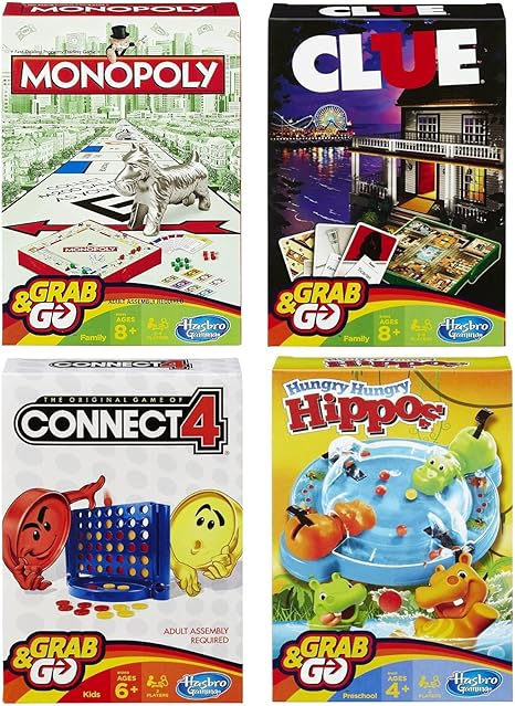 4 Travel Size Board Games, Monopoly, Clue, Connect 4, and Hungry Hungry Hippos