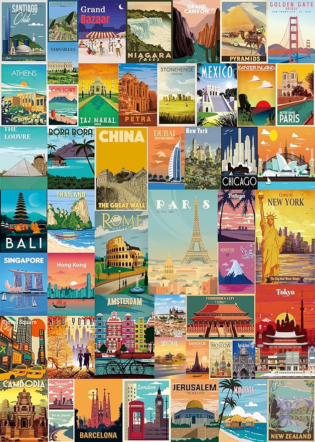 Colorful Vintage Postcard Puzzle With Postcards From All Over The World 