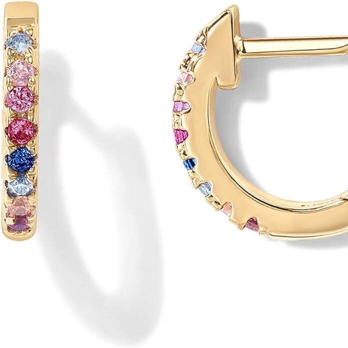 gold hoop earrings with blue and pink gems