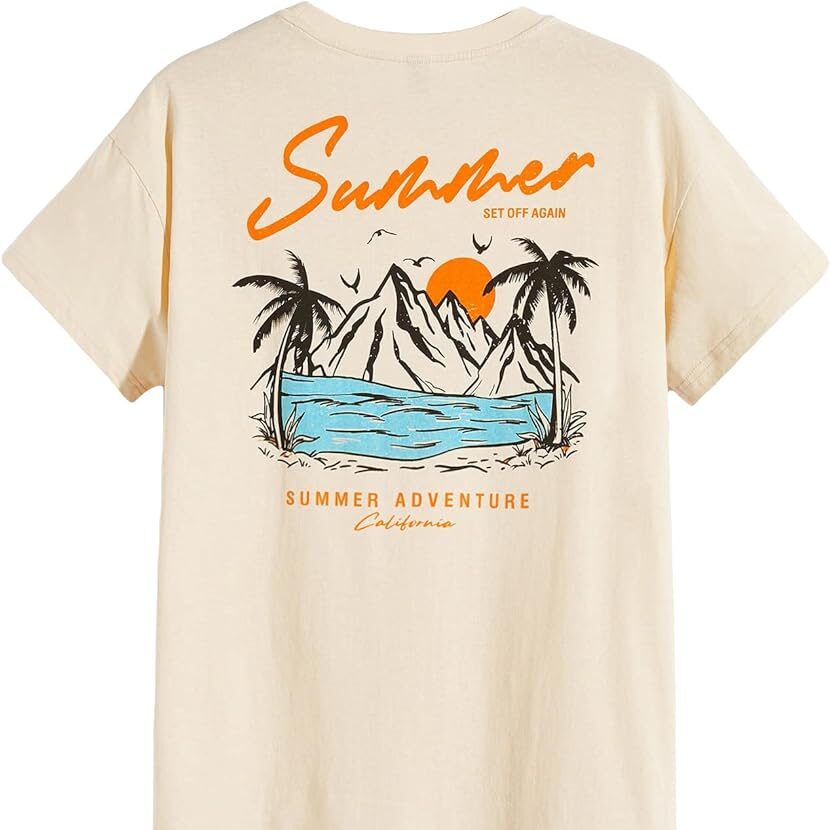 Men's graphic tee that says Summer / Set Off Again / Summer Adventure / California. It has a sunset, mountains, palm trees, and the ocean
