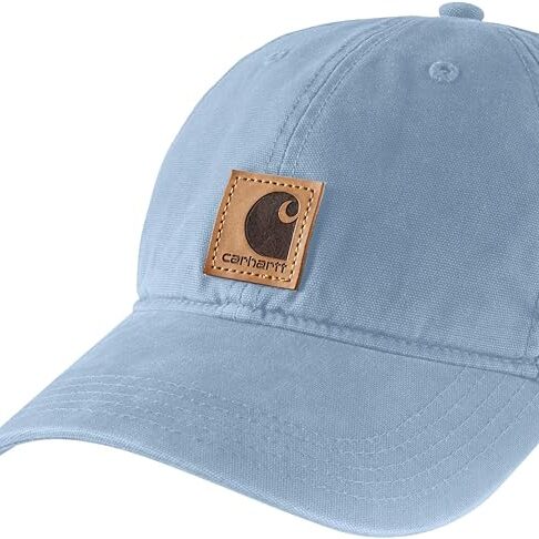a light blue Carhartt baseball cap 