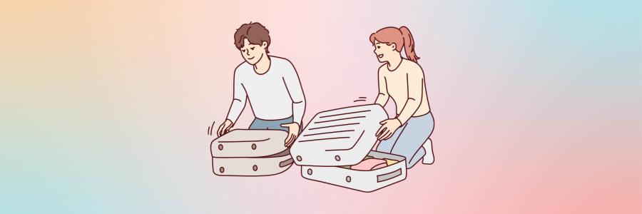Cartoon image of a girl and boy packing their suitcases on a pastel rainbow background