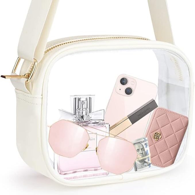 clear bag with a long off-white strap found on Amazon