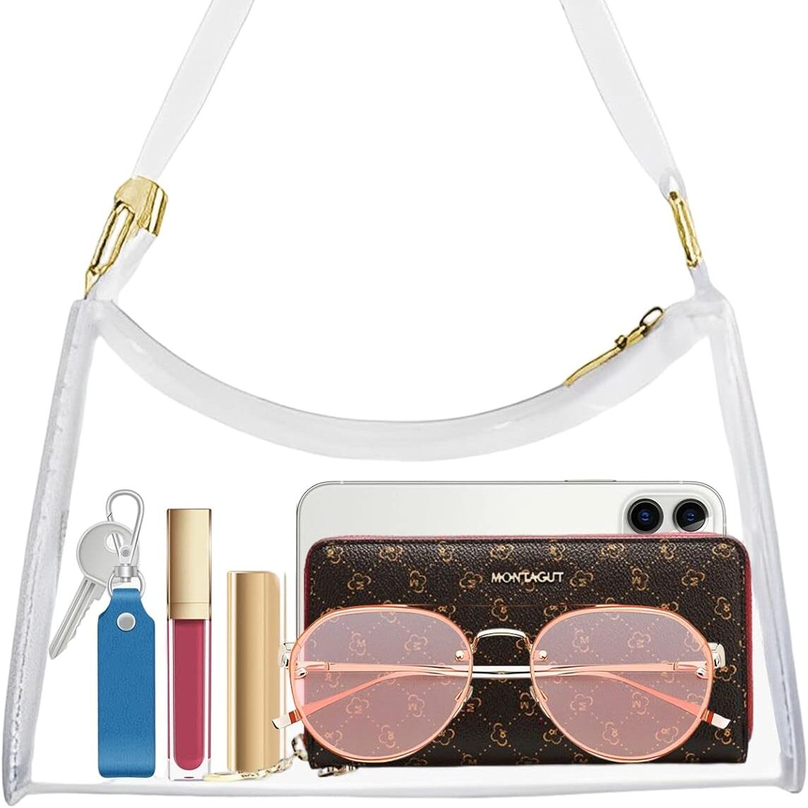 clear purse with short white strap found on Amazon