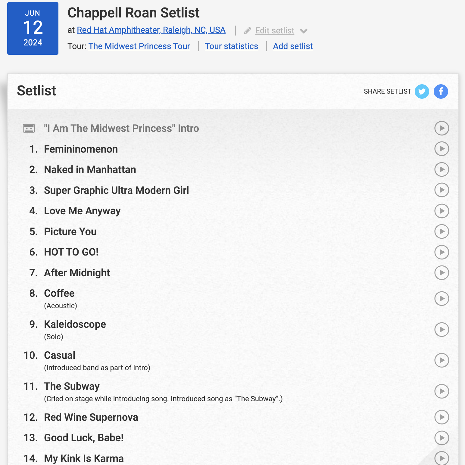 Chappell Roan's setlist from Raleigh North Carolina on setlist.fm