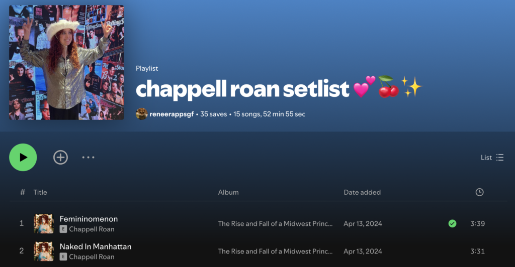 Chappell Roan's setlist as a playlist on Spotify