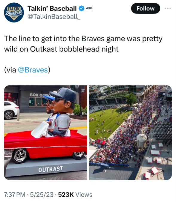 tweet from @TalkinBaseball_ showing the line to get into the Braves game on the Outkast bobblehead night