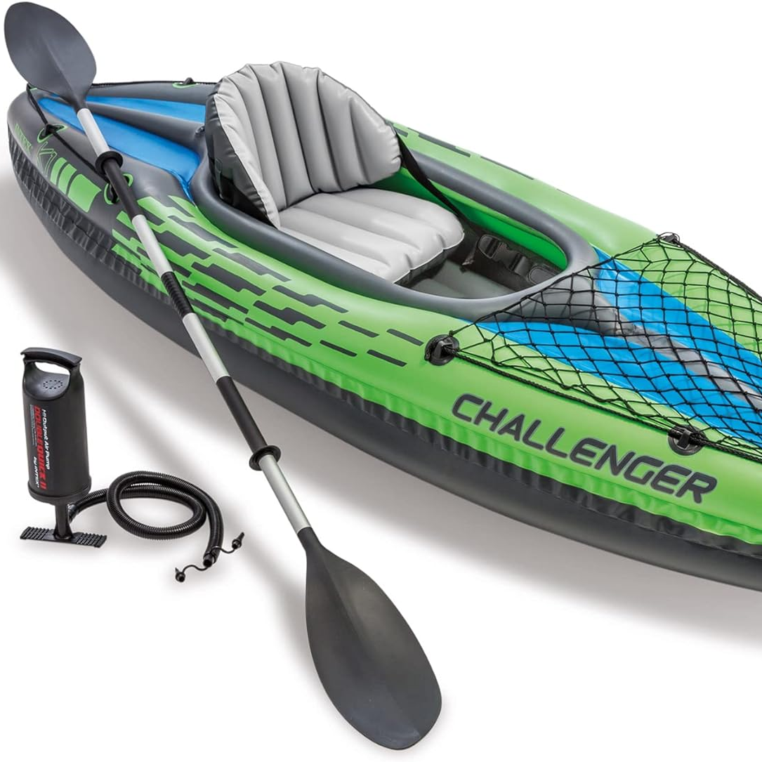 green and blue inflatable kayak from the brand Intex. it also has an oar and an air pump