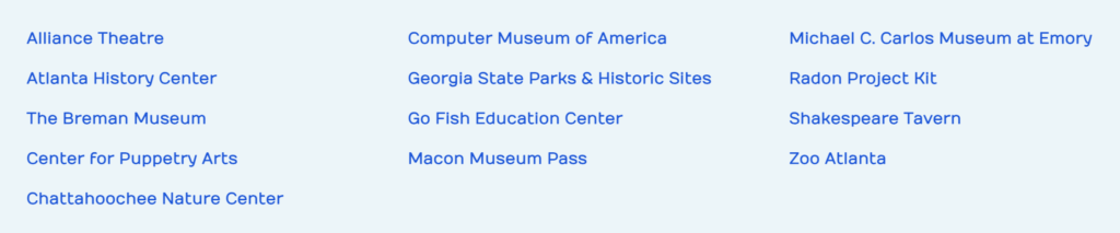 list of attractions on the Georgia library experience pass