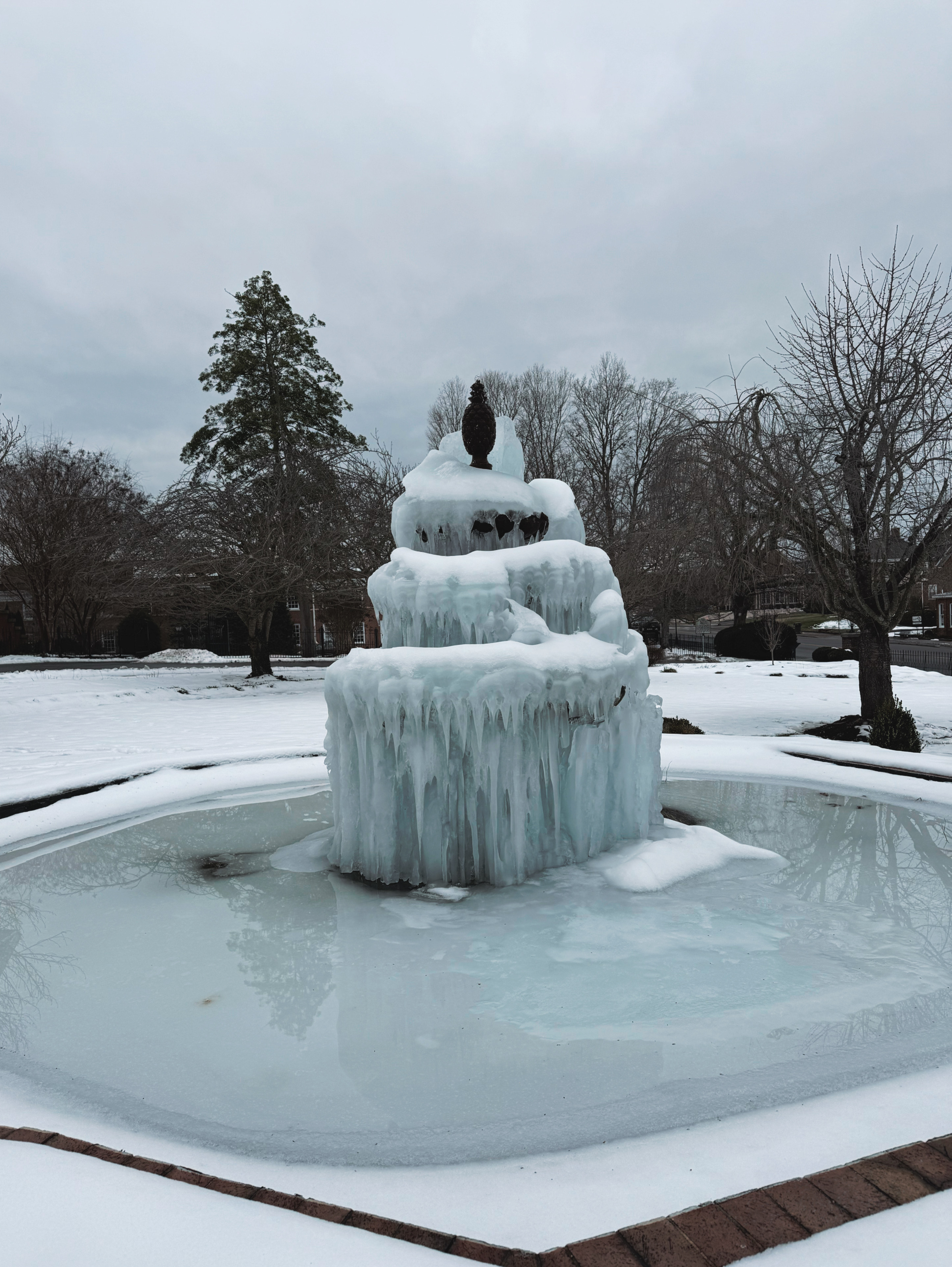 frozen fountain in front of the Martha Washington Inn & Spa in January
